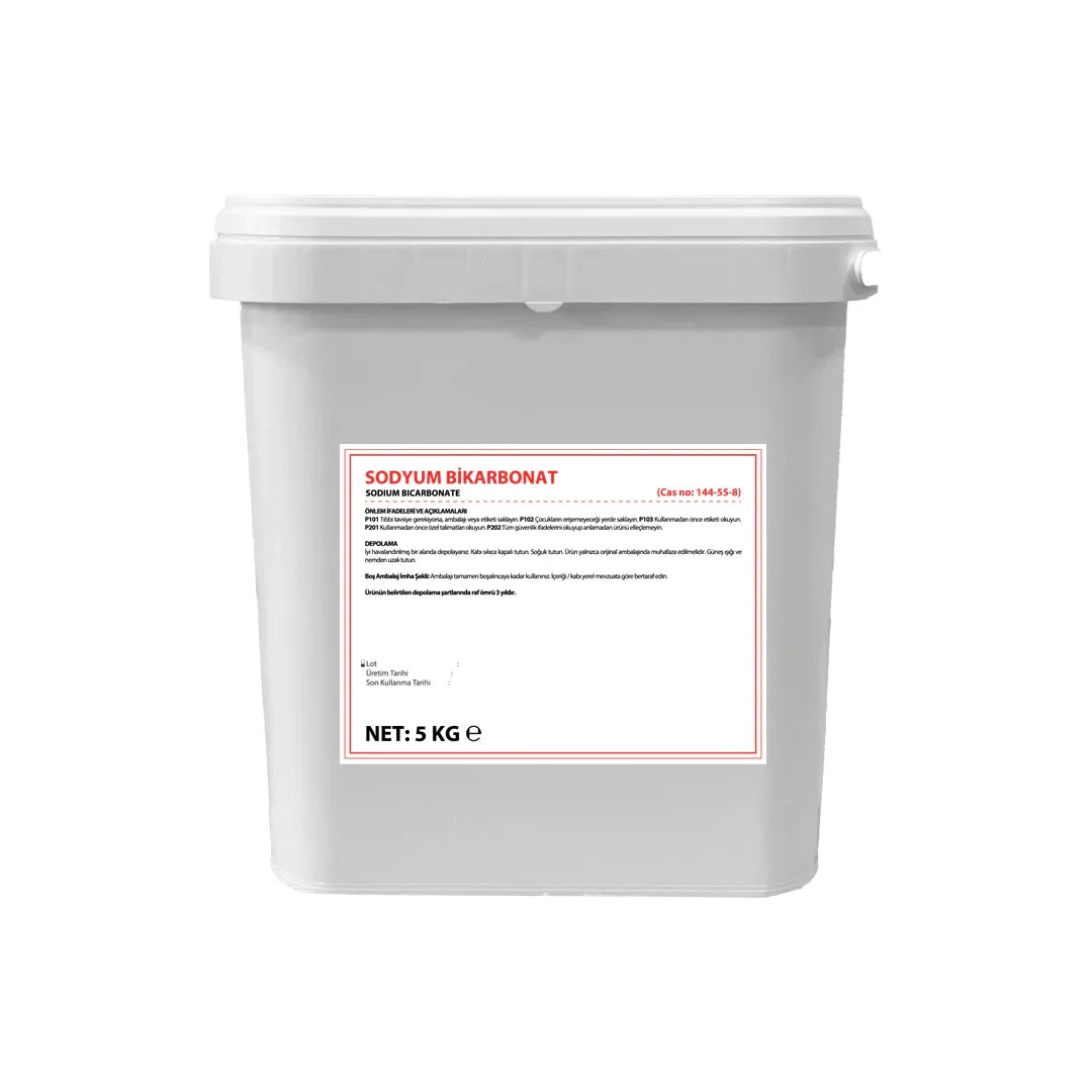 5 kg white plastic container of sodium bicarbonate with red and black label