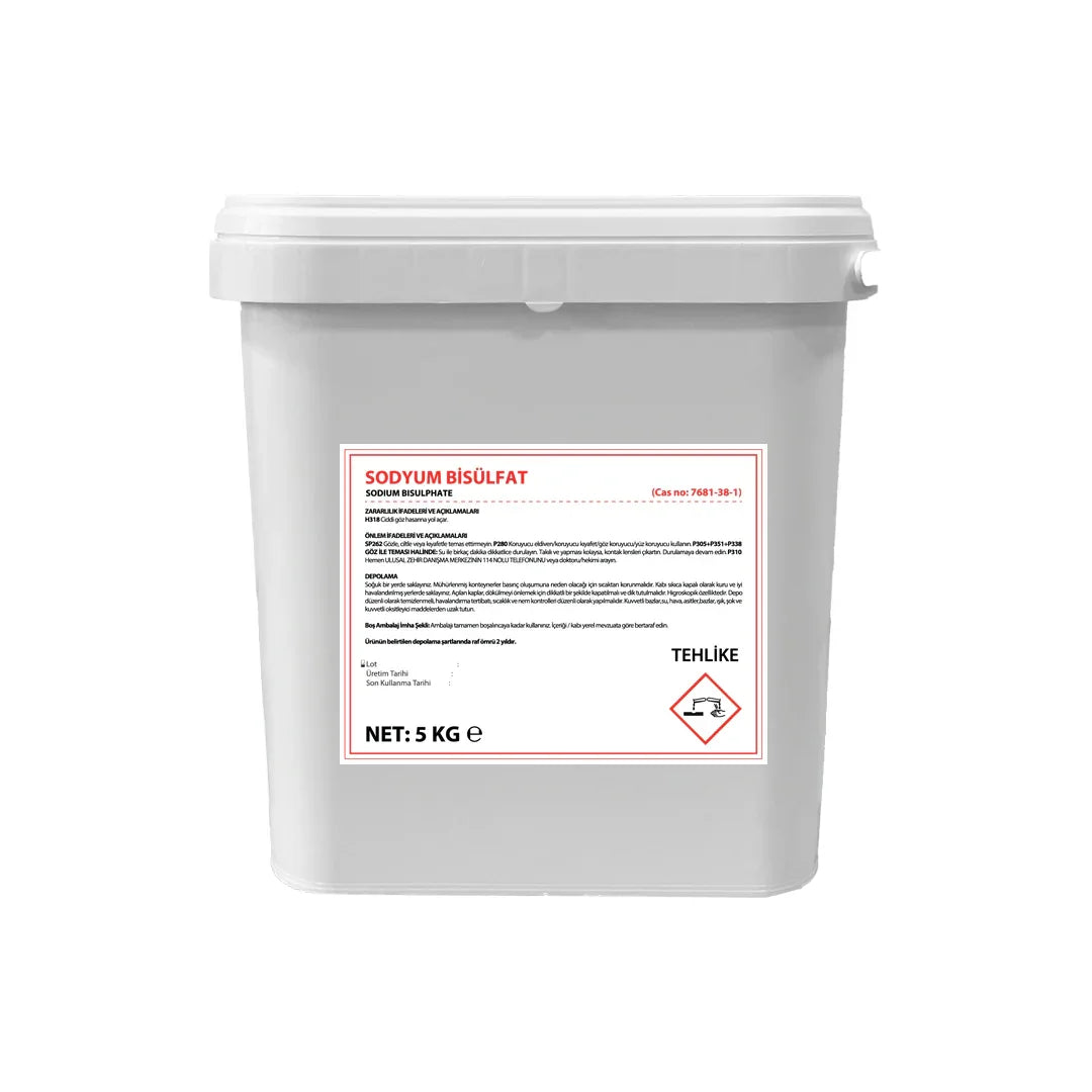 5kg white plastic container of sodium bisulfate with safety warning label and hazard symbol