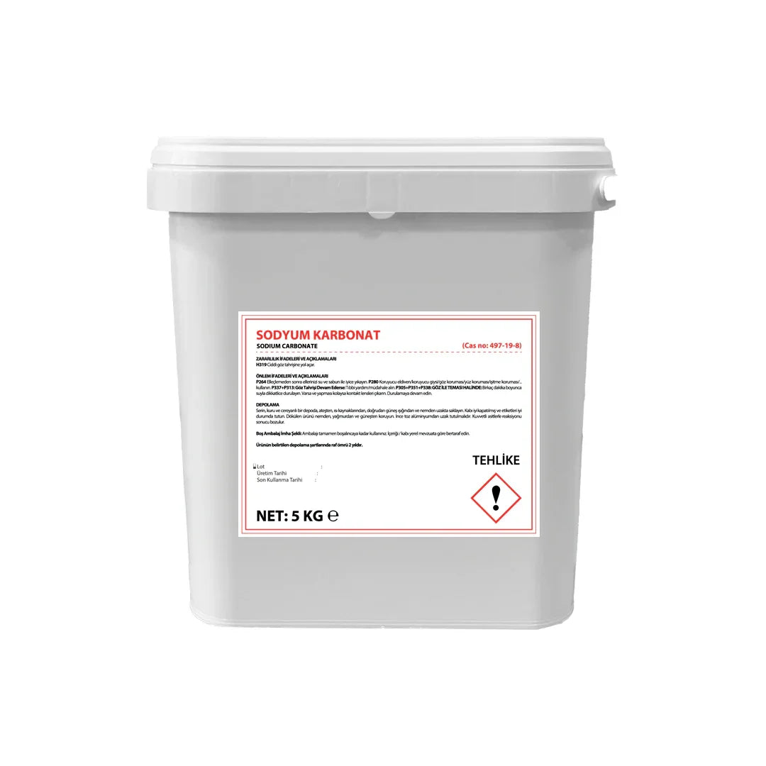 5kg white plastic container of sodium carbonate with warning label and hazard symbol