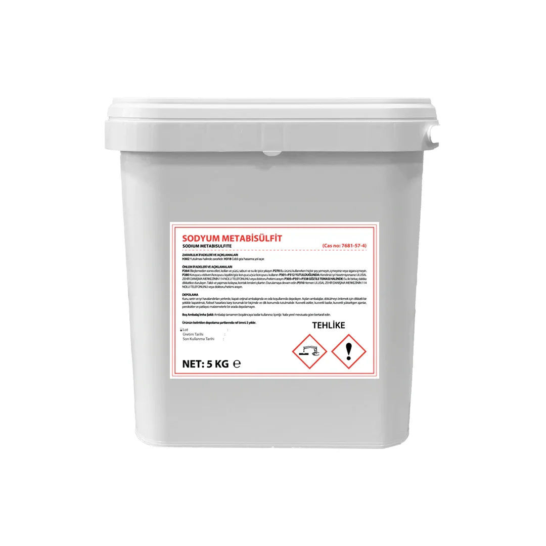 5 kg white plastic bucket of sodium metabisulfite with hazard labels and detailed product information