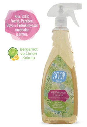 Soop Home çok amaçlı temizleyici sprey, bergamot ve limon kokulu, paraben ve petrokimyasal içermeyen