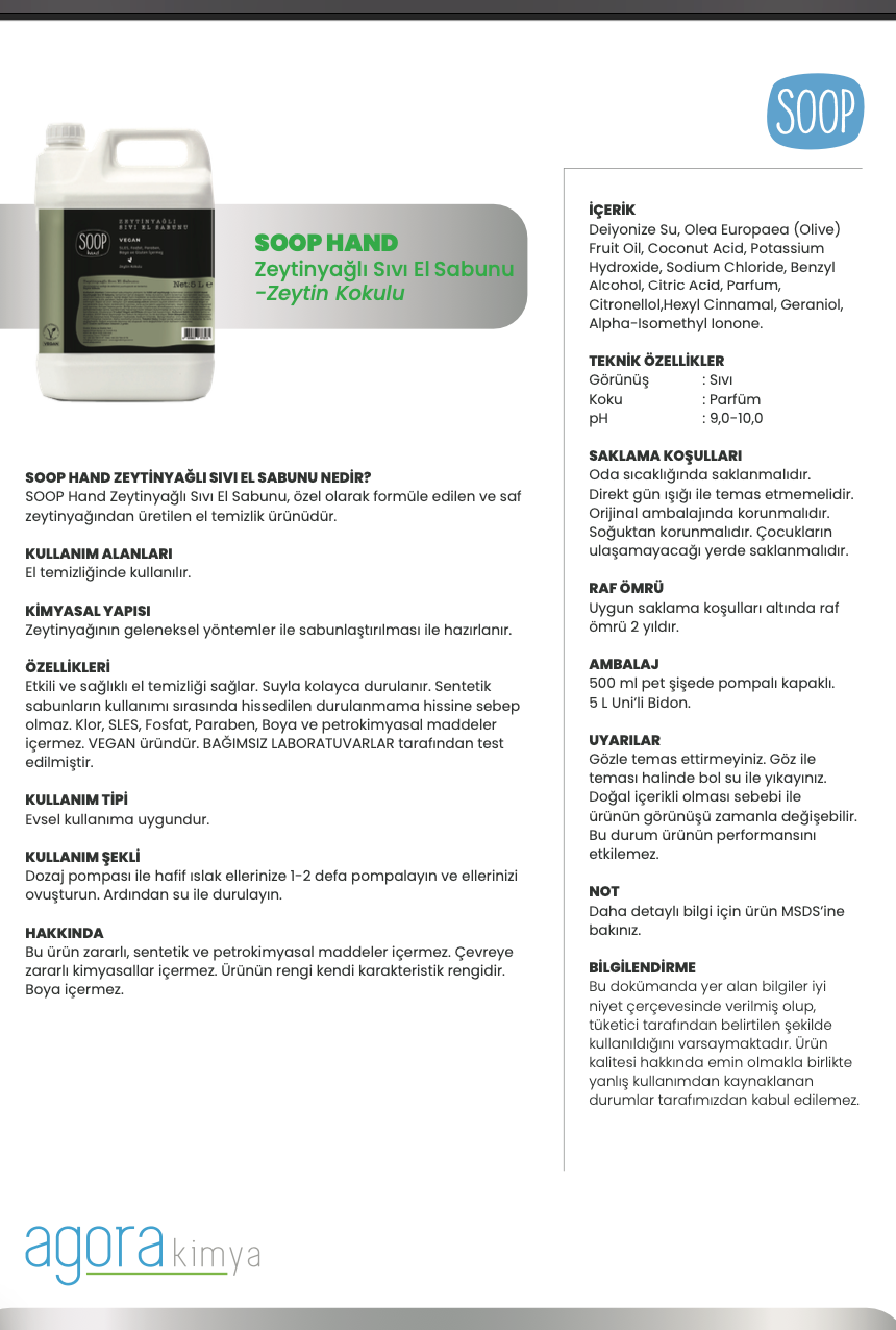 SOOP Hand Zeytinyağlı Sıvı El Sabunu 5 L