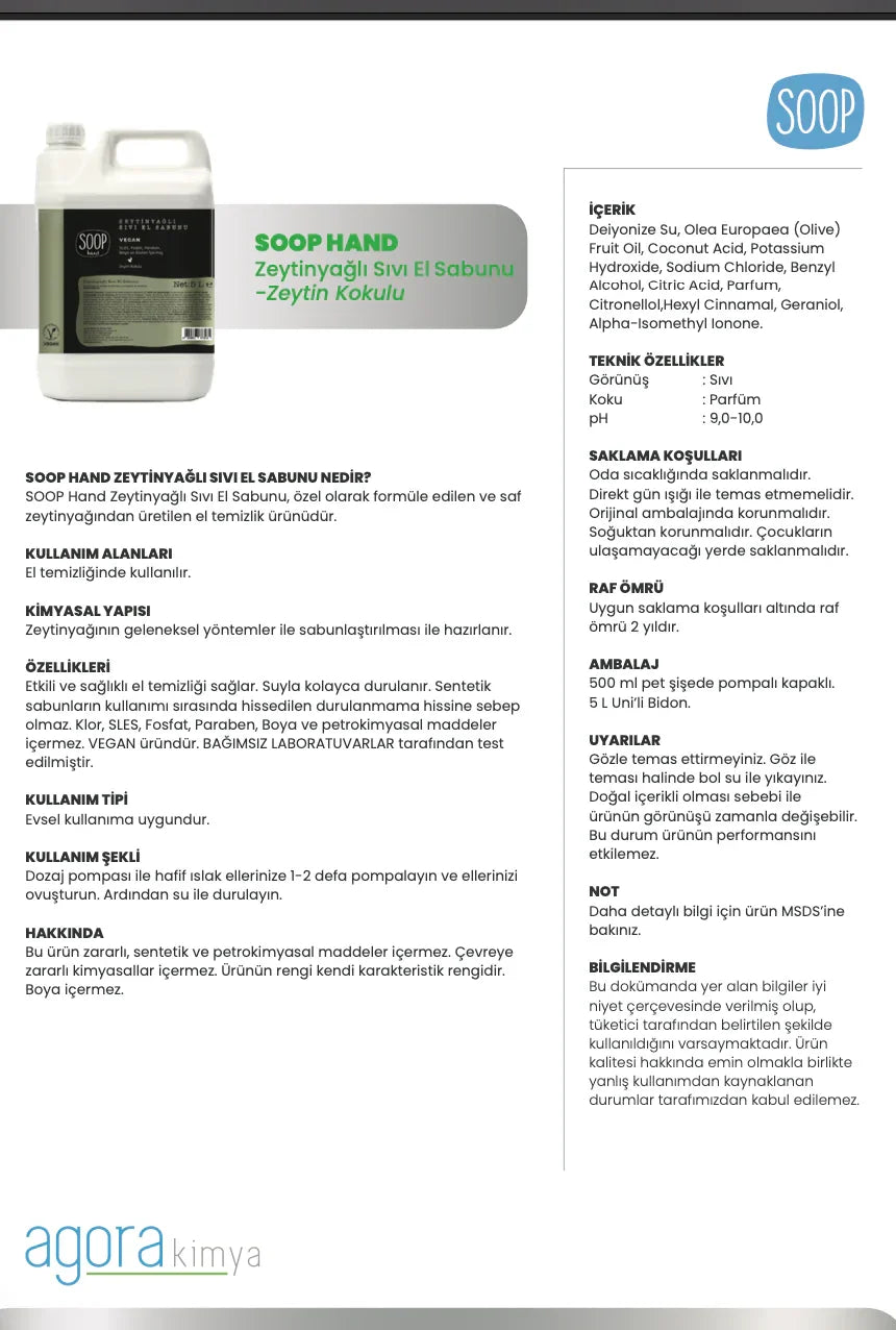 SOOP zeytinyağlı sıvı el sabunu 5 lt bidon, vegan, zeytin kokulu el temizleyici