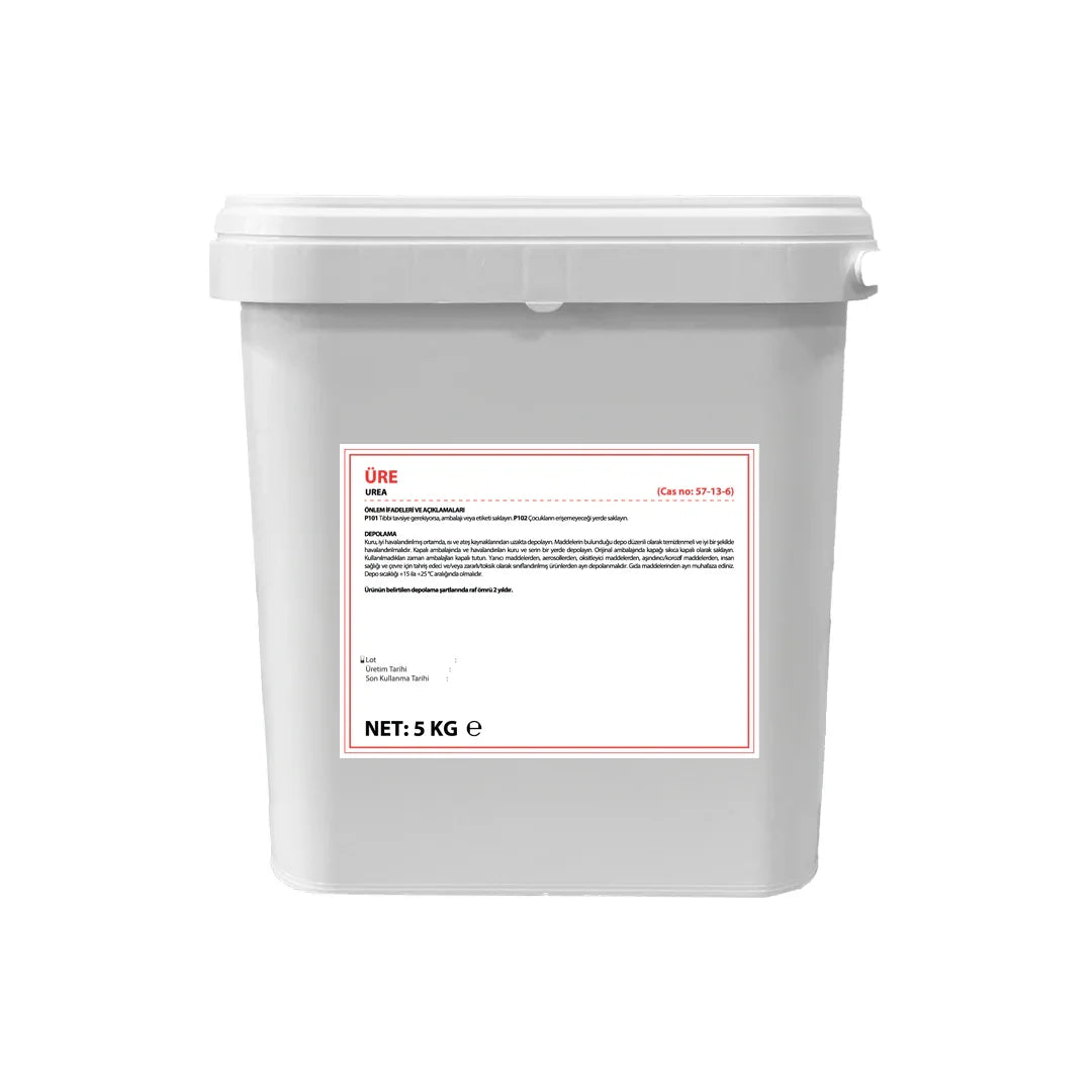 5 kg plastic container of urea fertilizer with detailed Turkish label on a white background