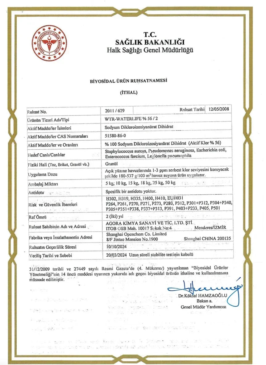 Biocidal product import license certificate for WTR-Waterlife chlorine granules by Turkish Ministry of Health