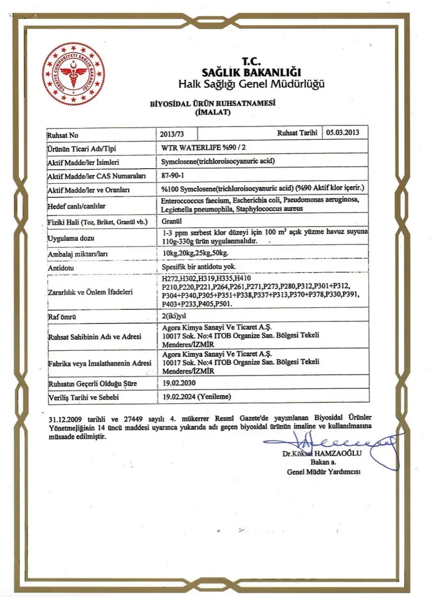 T.C. Sağlık Bakanlığı Biyosidal Ürün Ruhsatnamesi for WTR WATERLIFE %90 granular chlorine disinfectant with details and official seal