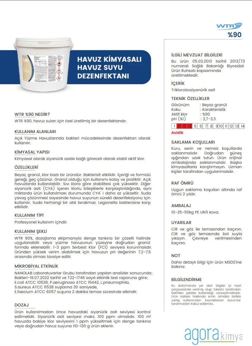 WTR %90 pool water disinfectant chemical in white granular form with detailed Turkish product information