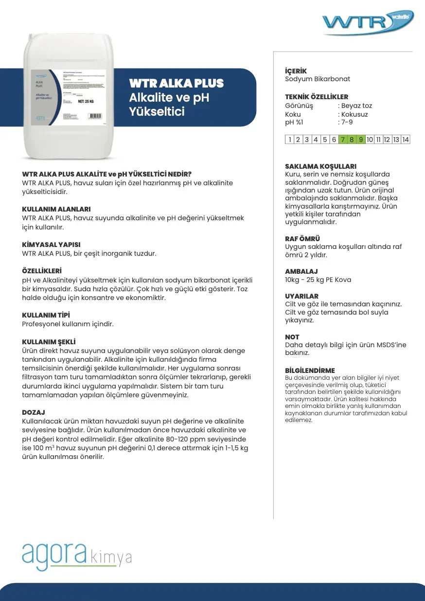 WTR ALKA PLUS 25 kg container of pH and alkalinity increaser with product details sheet