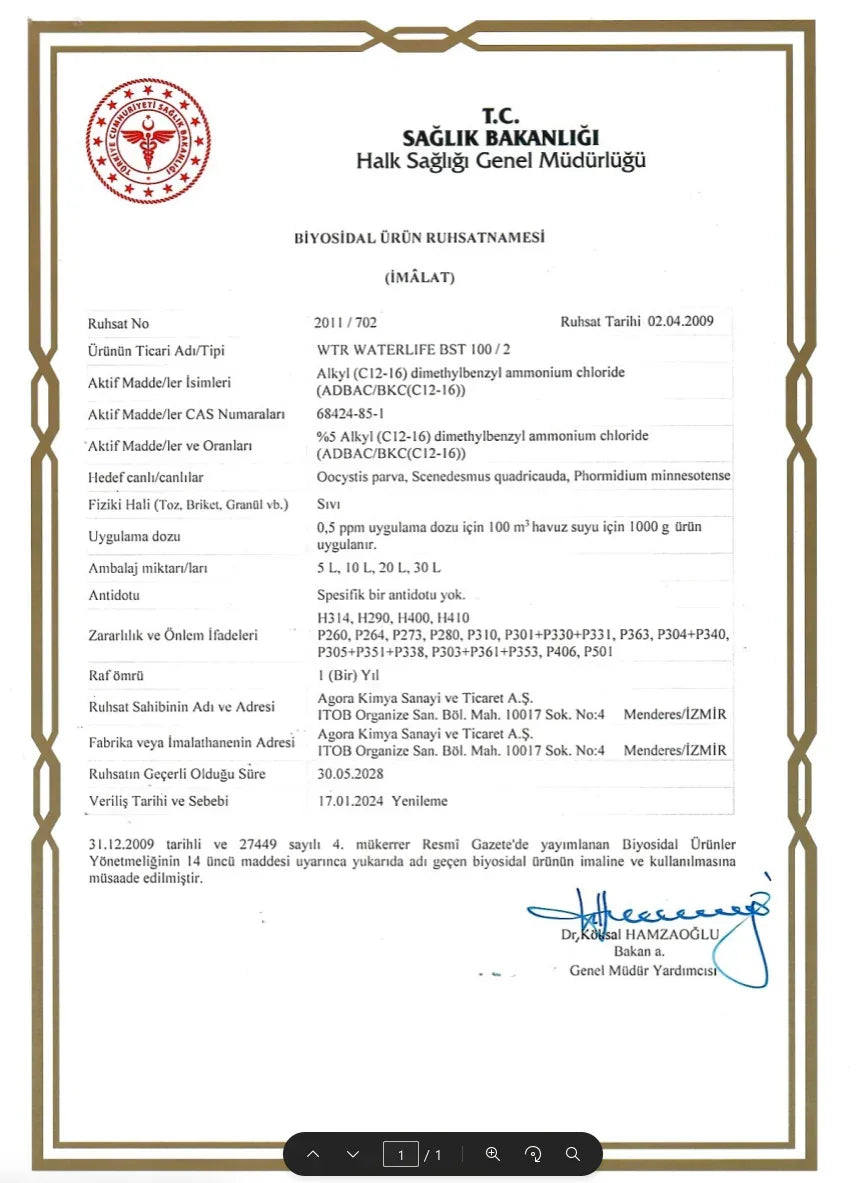 Biosidal product permit certificate for WTR WATERLIFE BST 100 with active ingredient dimethylbenzyl ammonium chloride, issued by Turkish Ministry of Health.