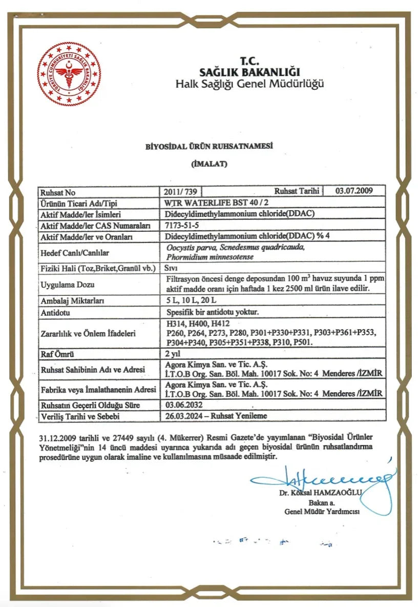 Biocidal product license certificate for WTR WATERLIFE BST 40 disinfectant by Turkish Health Ministry