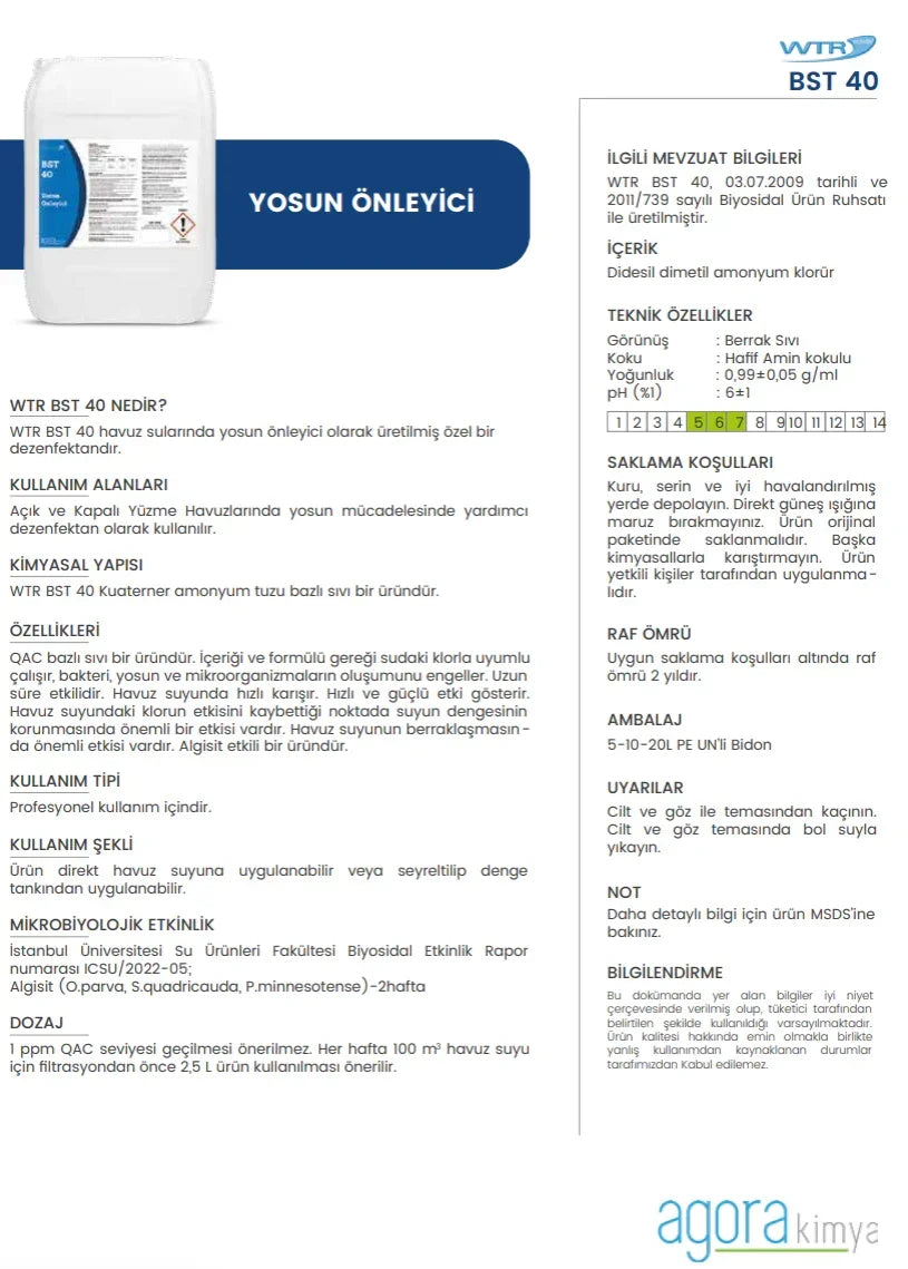 WTR BST 40 algae preventer container with detailed product information and usage instructions in Turkish