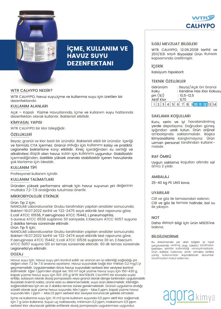 Blue container of WTR CALHYPO pool and drinking water disinfectant with detailed Turkish label and product information