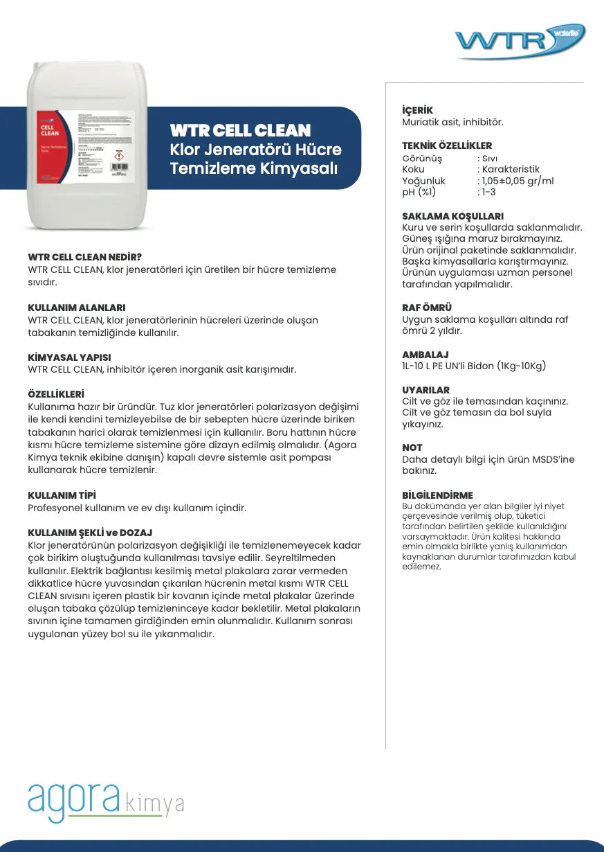 WTR Cell Clean tuz klor jeneratörü hücre temizleme kimyasalı ürün bilgisi ve kullanım alanları sayfası