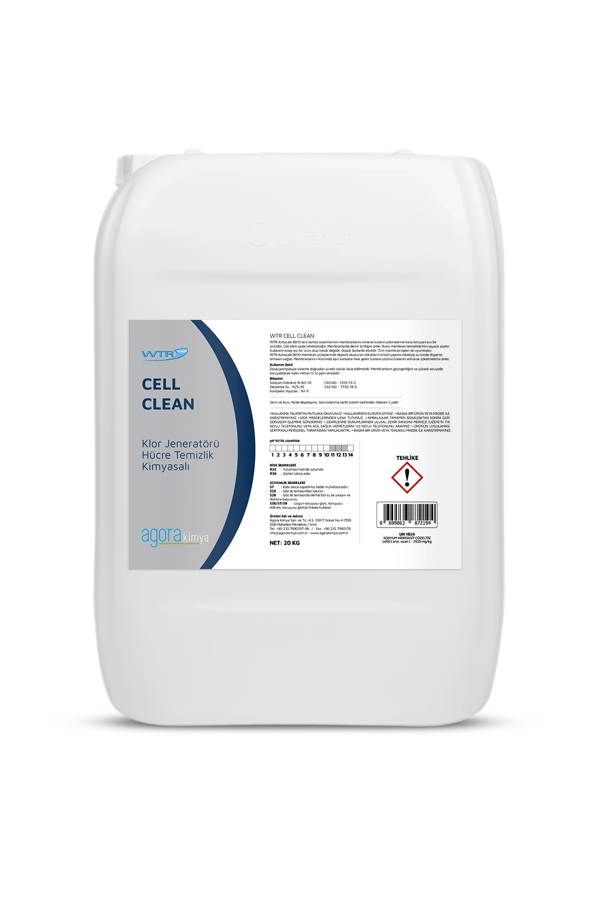 20 litrelik WTR Cell Clean klor jeneratörü hücre temizliği için kimyasal bidon