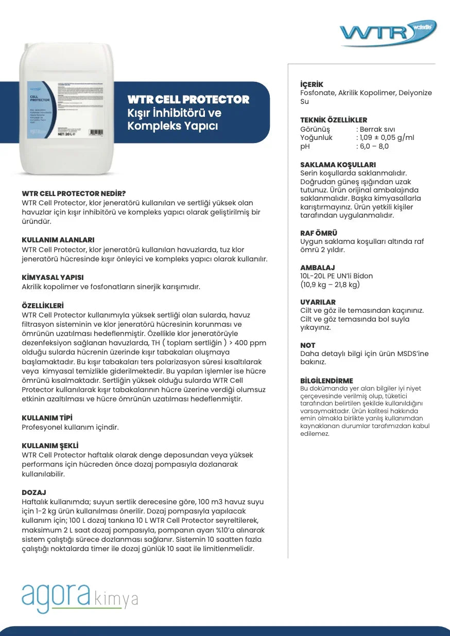 WTR Cell Protector pool chemical container with product details and usage instructions in Turkish