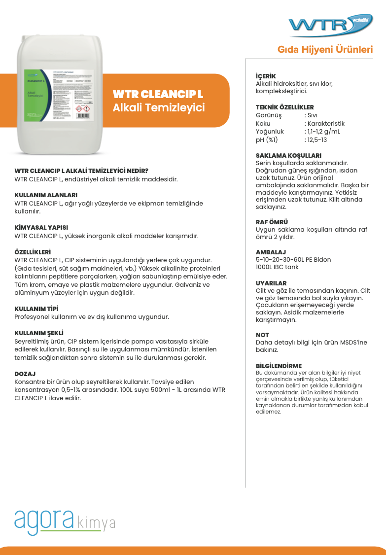 WTR Cleancip L Alkali Klorlu Cip Temizleme 20 L