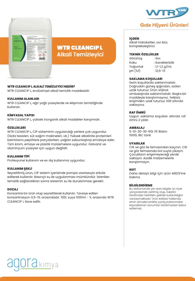 WTR CLEANCIP L 20L industrial alkaline liquid cleaner container with product information in Turkish