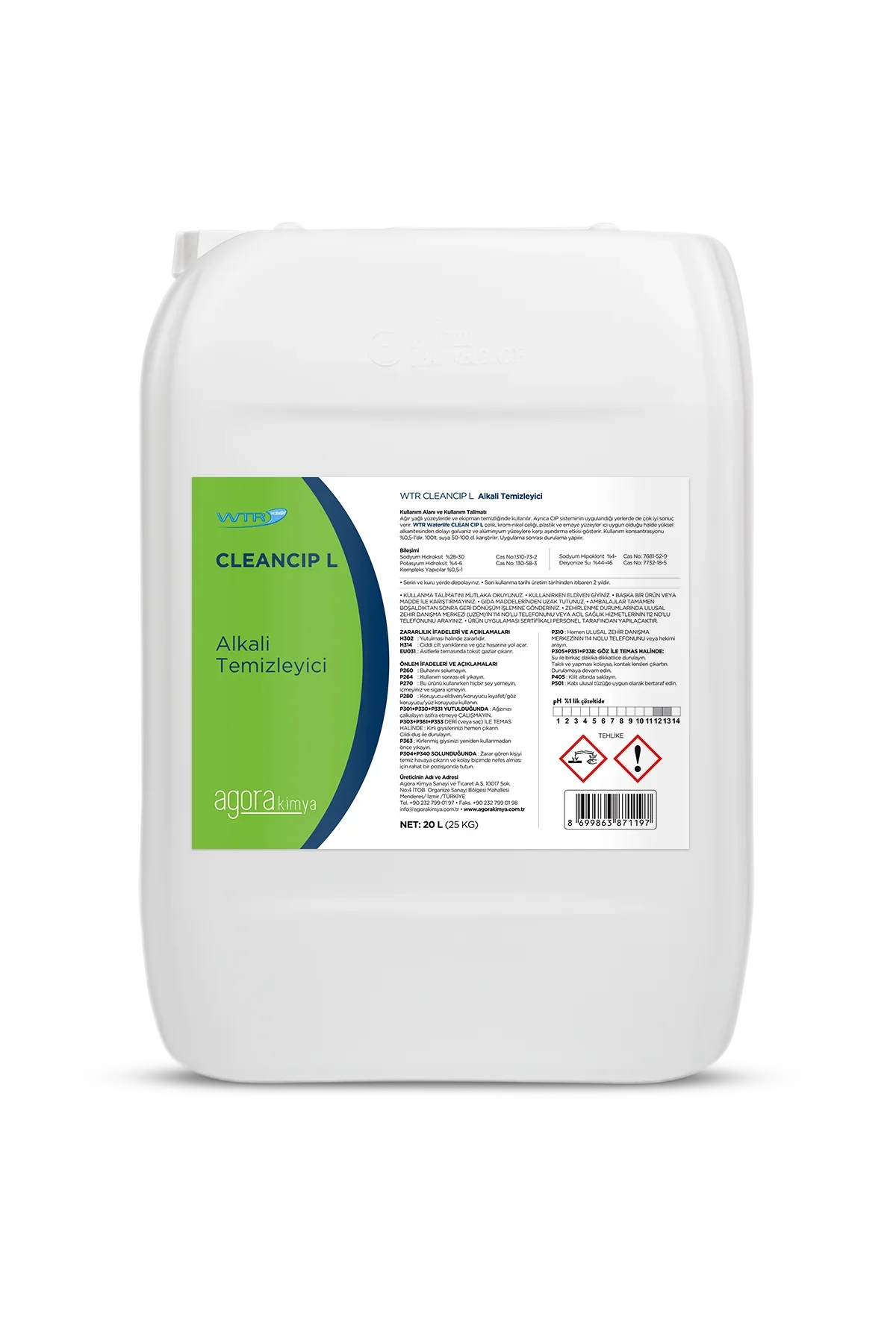 20-liter white container of WTR CLEANCIP L alkali cleaner with green and blue label