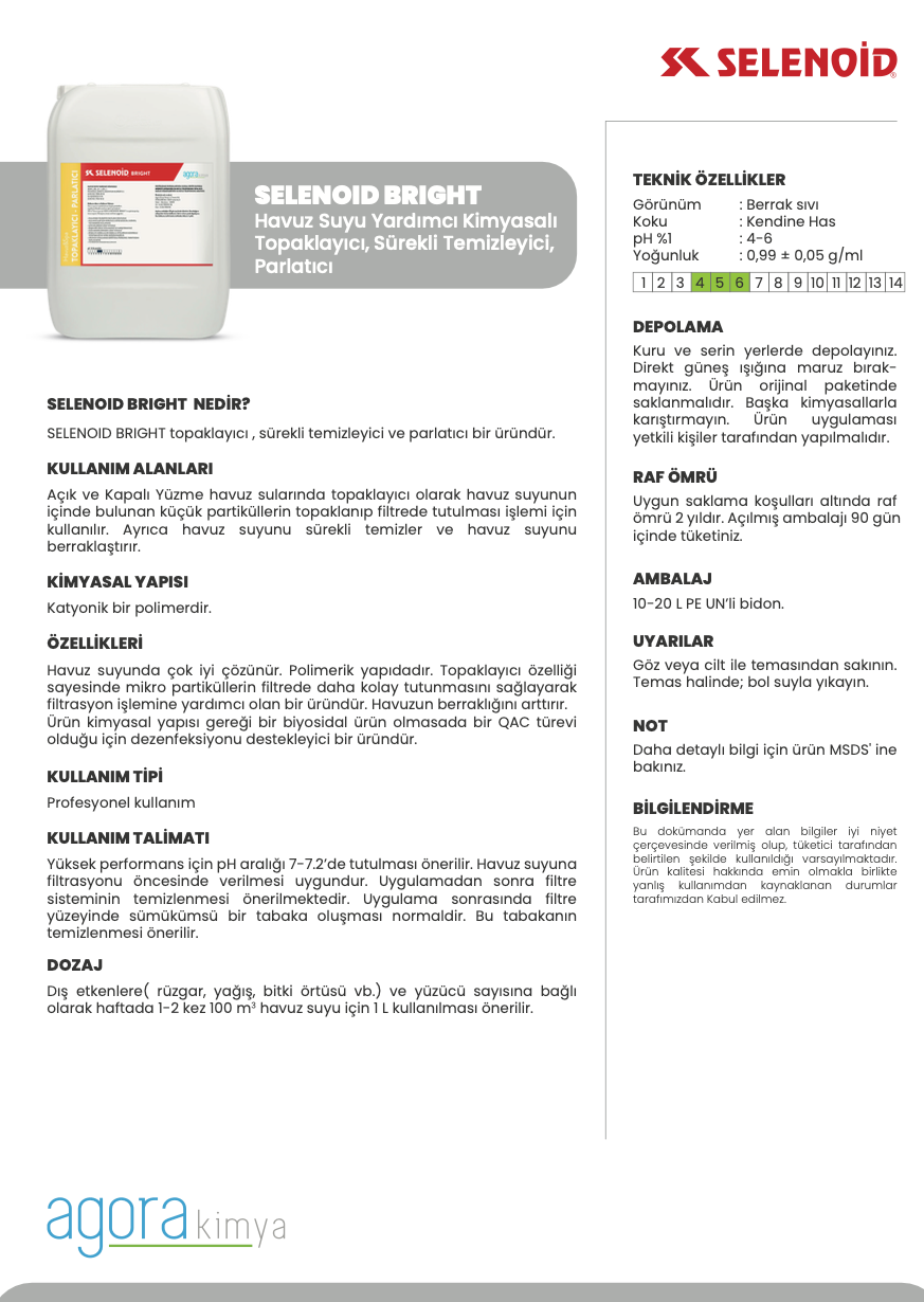 Selenoid Bright 10/20 L Havuz Suyu Parlatici- Topaklayici