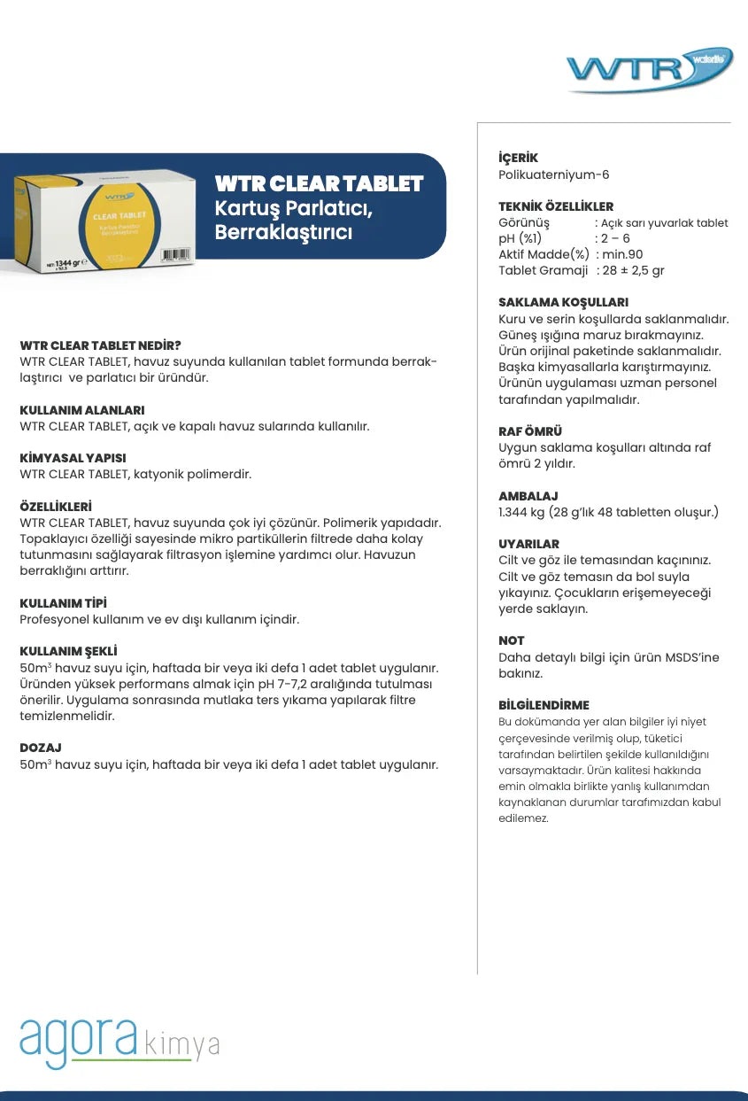 WTR Clear Tablet packaging and product description for pool water clarifier and brightener in Turkish.