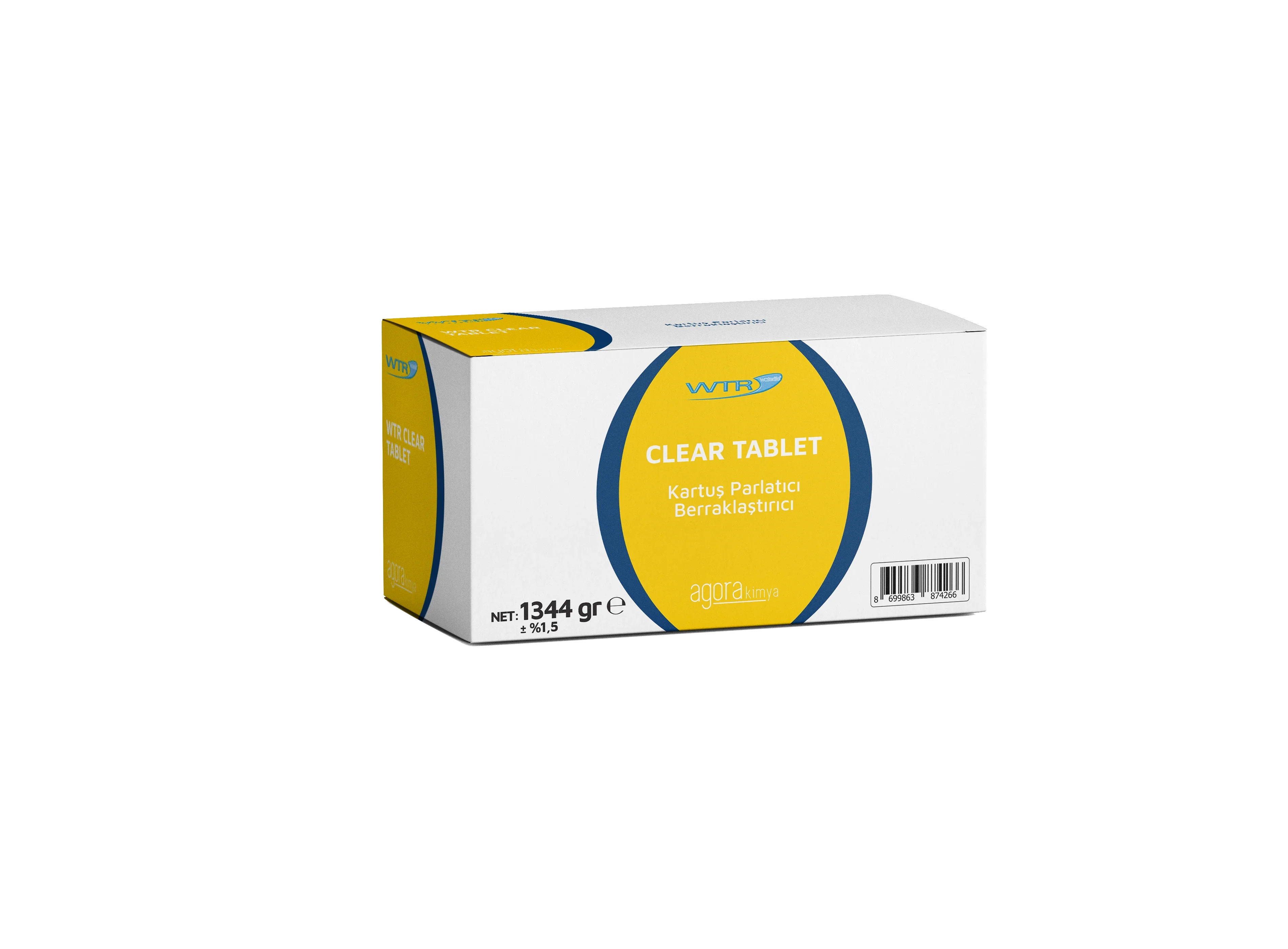 WTR Clear Tablet kartuş parlatıcı ve berraklaştırıcı, beyaz ve sarı kutu, net ağırlık 1344 gr
