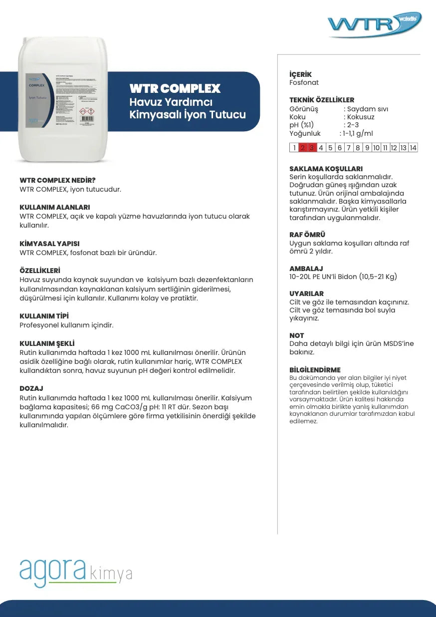 WTR Complex ion holder chemical for swimming pools in a white container with product details and usage instructions