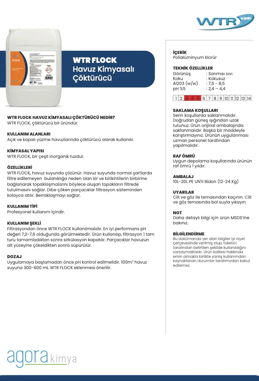 WTR FLOCK pool chemical flocculant container with product details and usage instructions in Turkish