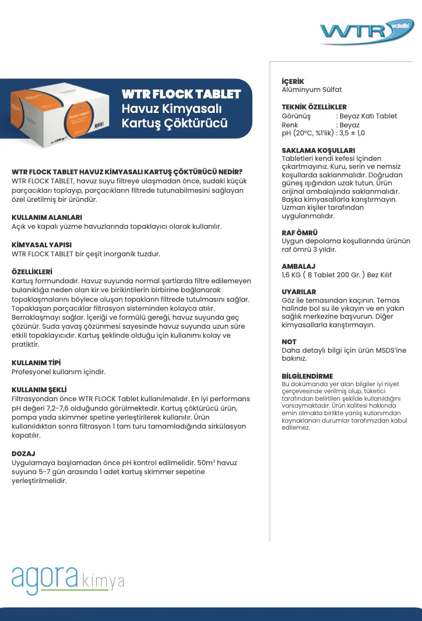 WTR Flock Tablet pool chemical flocculant cartridge box with product details in Turkish