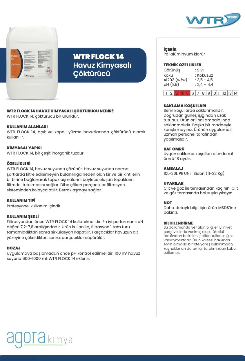 WTR Flock 14 pool chemical flocculant container and detailed usage information sheet