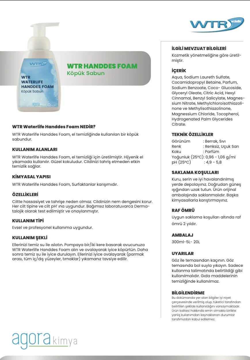 WTR Waterlife Handdes Foam bottle on white background with usage and ingredient details in Turkish
