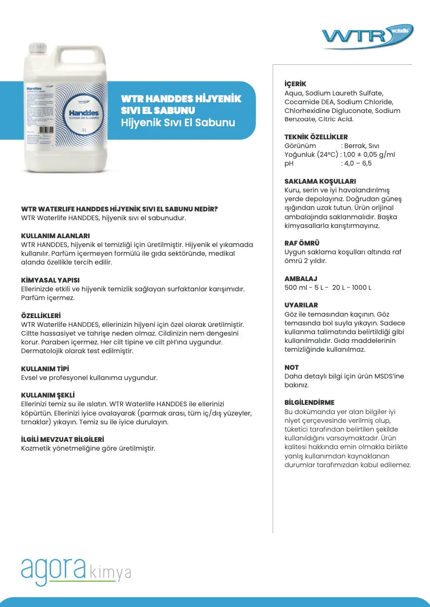 WTR Handdes 5L hygienic liquid hand soap container with product details in Turkish text