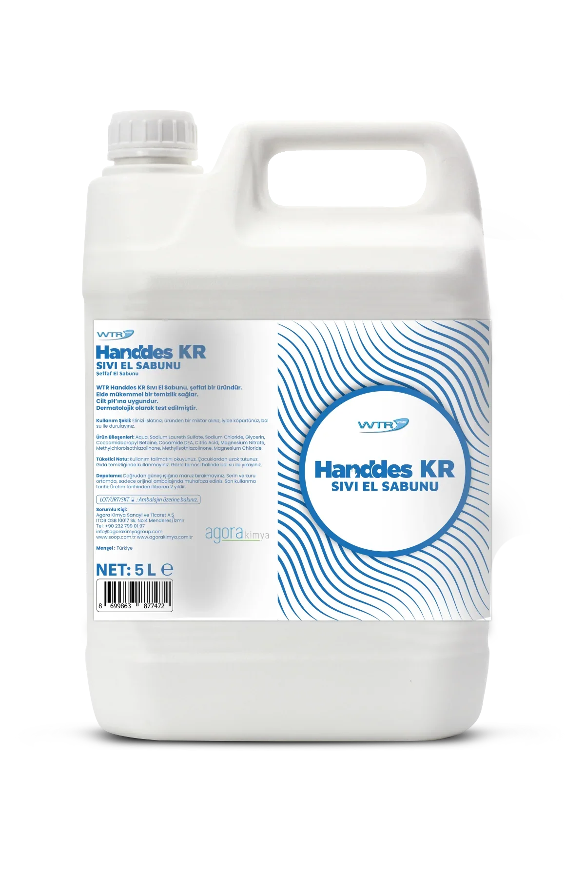 5 litre beyaz plastik bidon içinde WTR Handdes KR sıvı el sabunu şeffaf temizlik ürünü