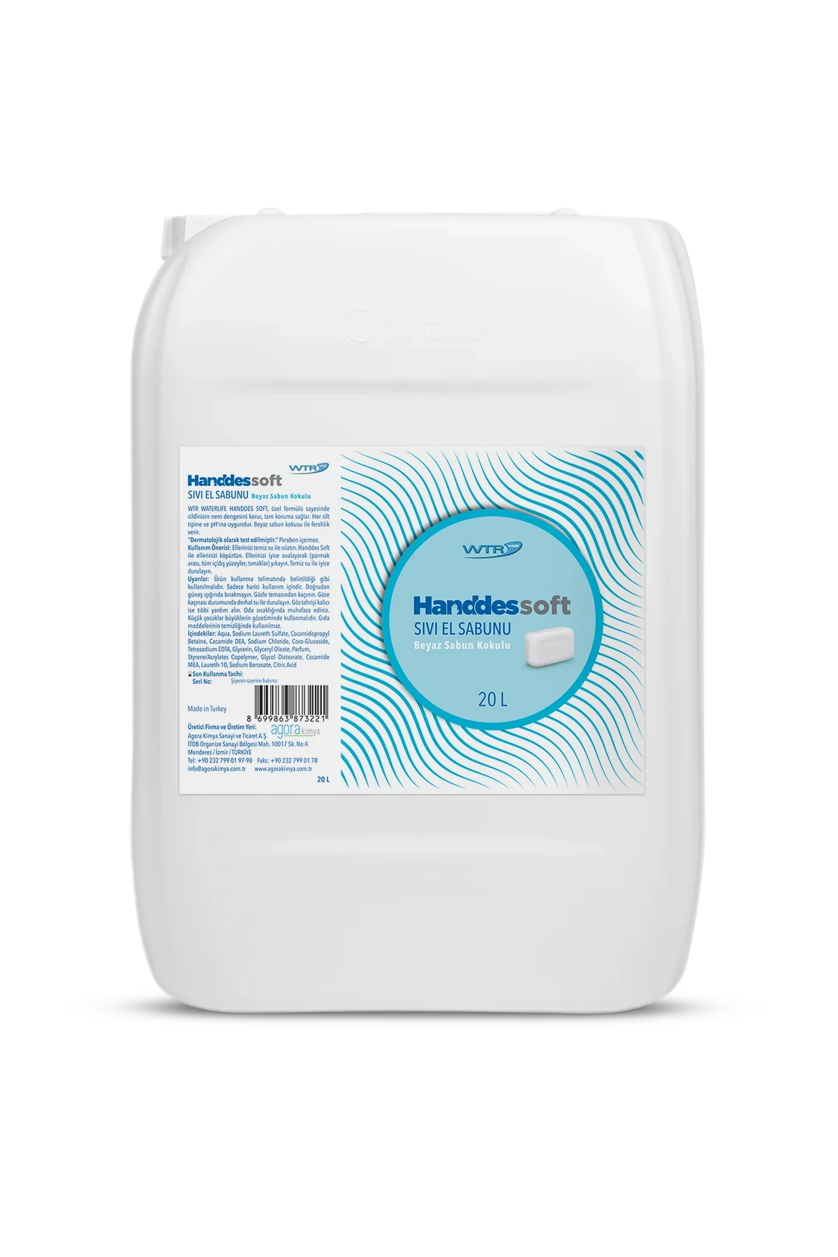 20-liter white plastic container of WTR Handdes Soft liquid hand soap with blue label