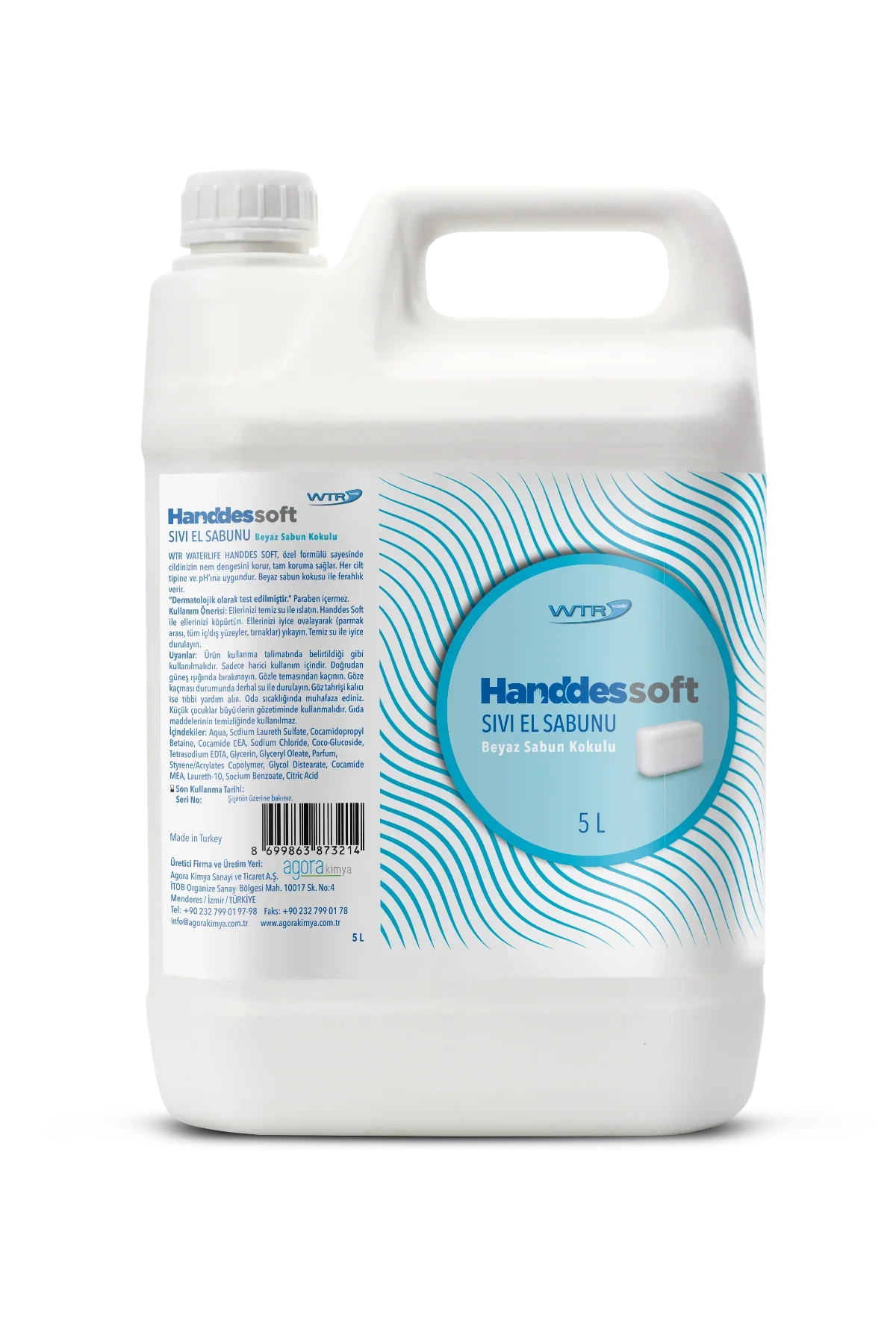 5-liter white plastic container of Handdess Soft liquid hand soap with blue label and white soap image