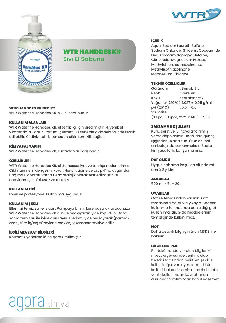 WTR Handdes KR şeffaf pompalı sıvı el sabunu şişesi ve ürün özellikleri metni