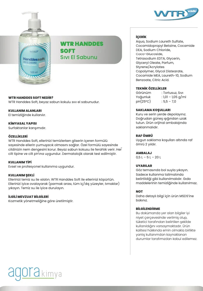WTR Handdes Soft liquid hand soap 500ml bottle with product details in Turkish