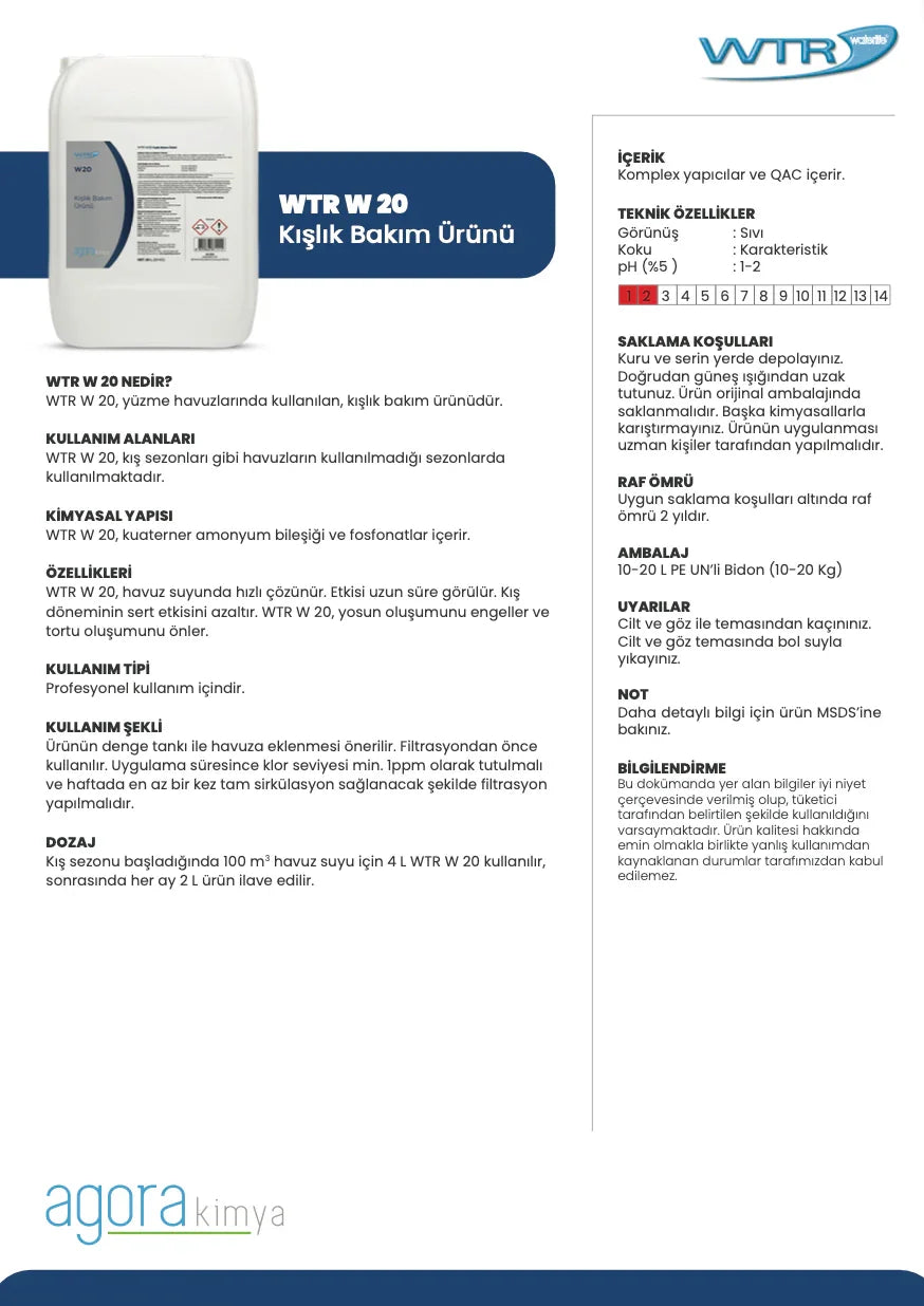 WTR W 20 winter pool maintenance chemical container with detailed usage instructions and features