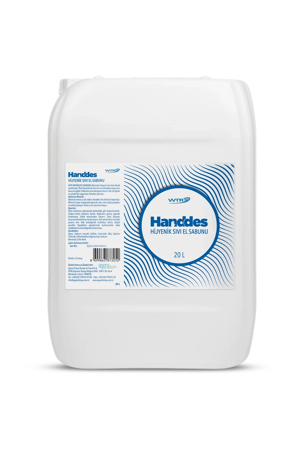 20L white plastic container of Handdes WTR hygienic liquid hand soap with blue label