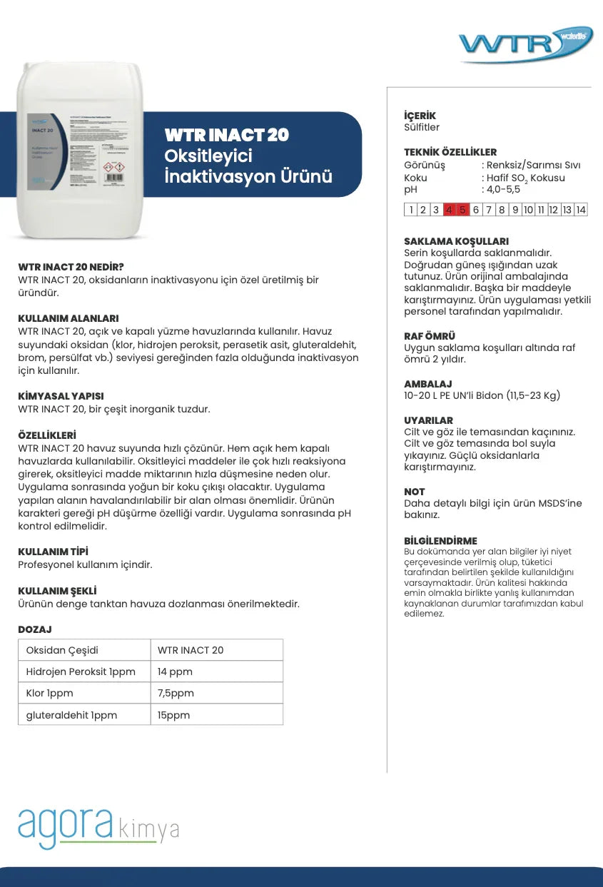 WTR INACT 20 oxidizer inactivation product for pool water, chemical container with technical specifications