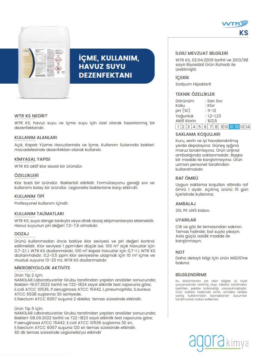WTR KS chlorine-based disinfectant for drinking and swimming pool water, chemical details and usage instructions