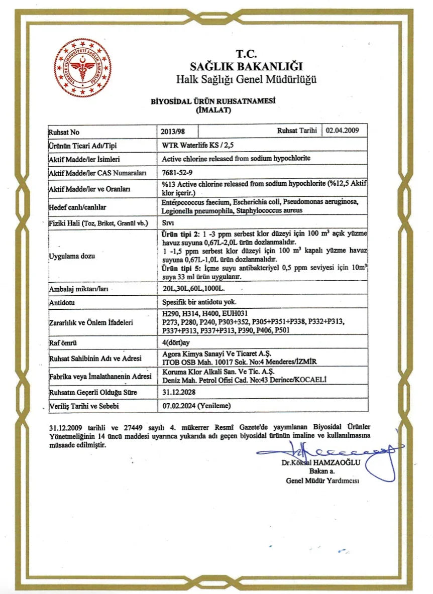 Official Turkish Ministry of Health biocidal product license for WTR Waterlife KS with active chlorine details