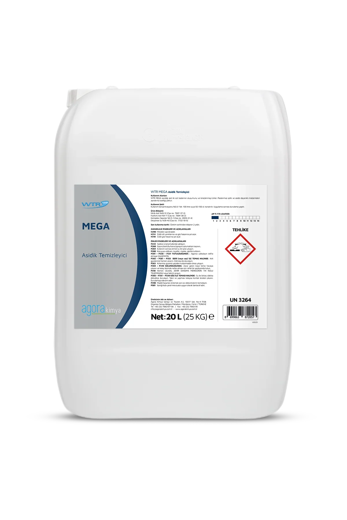 20-liter white container of WTR Mega acidic cleaner with safety and usage labels
