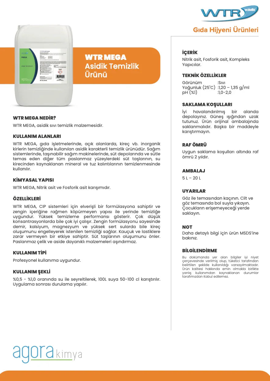WTR Mega acidic cleaning product container with detailed usage and safety instructions in Turkish