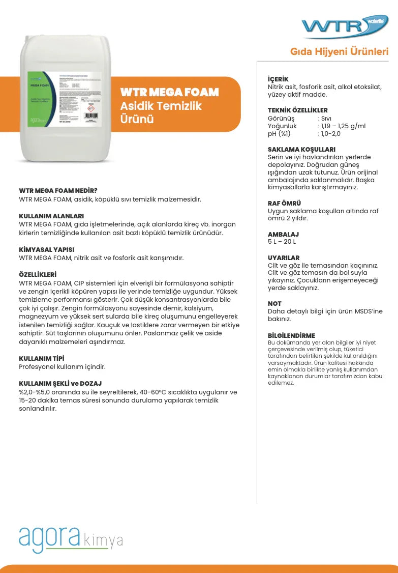 WTR Mega Foam acidic liquid cleaning product label with usage, chemical properties, and safety instructions in Turkish