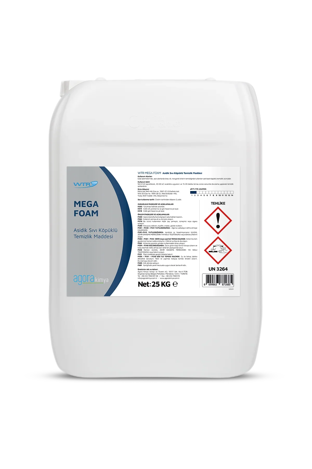 25 kg white container of WTR Mega Foam acidic liquid foam cleaning product by Agora Kimya with safety warnings