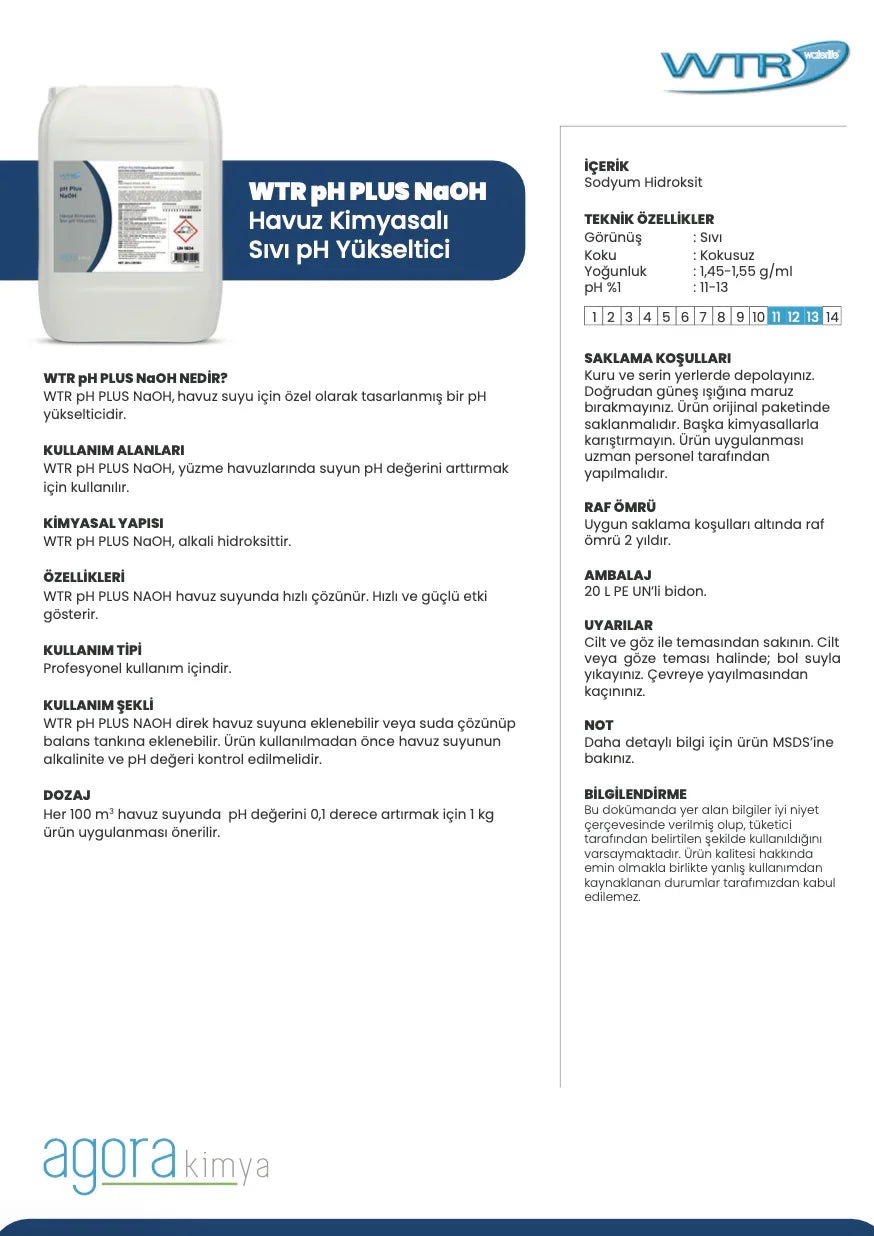 WTR pH Plus NaOH 20L pool chemical container and product info sheet for liquid pH increaser