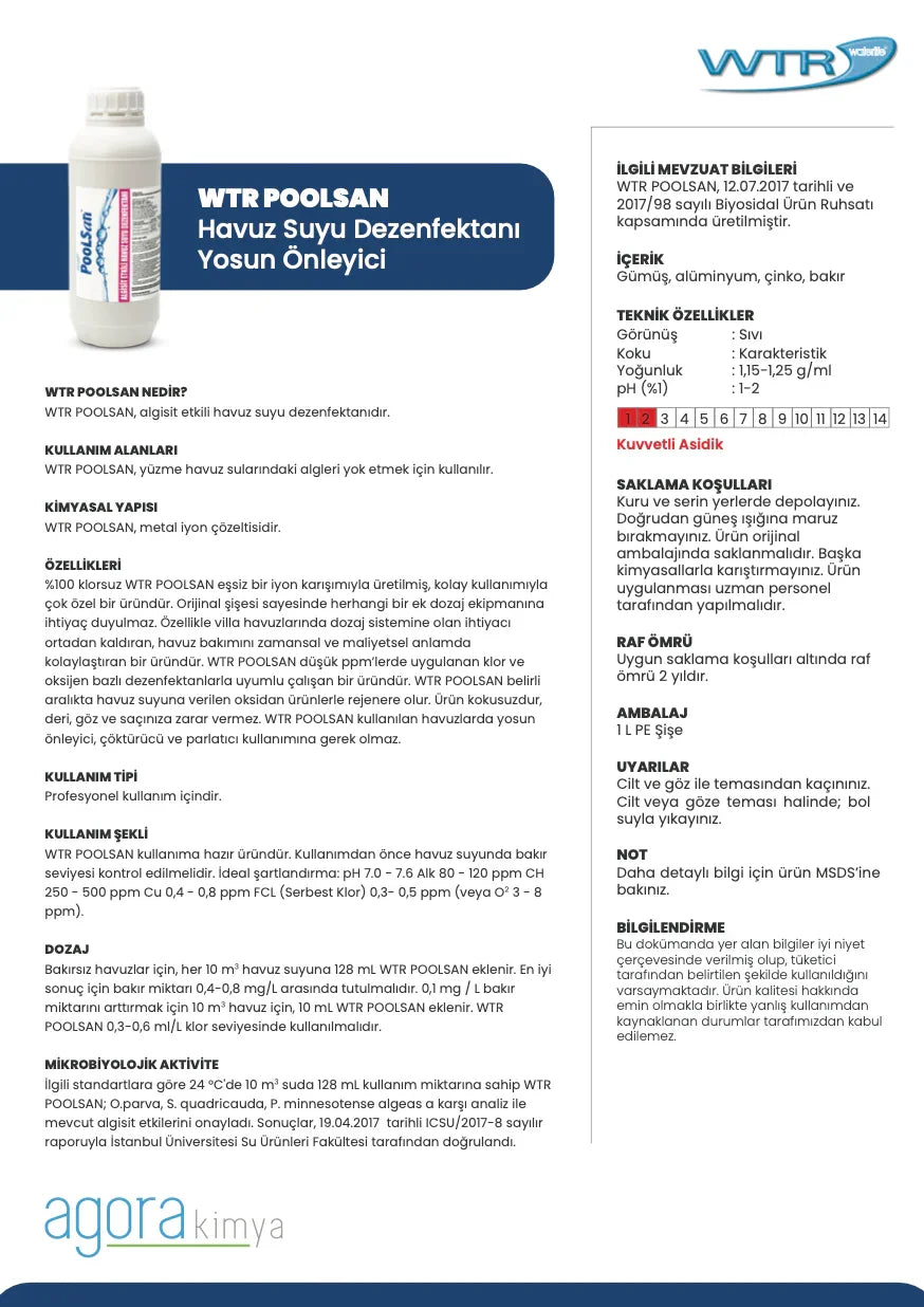 WTR Poolsan pool water disinfectant bottle with algae prevention details in Turkish