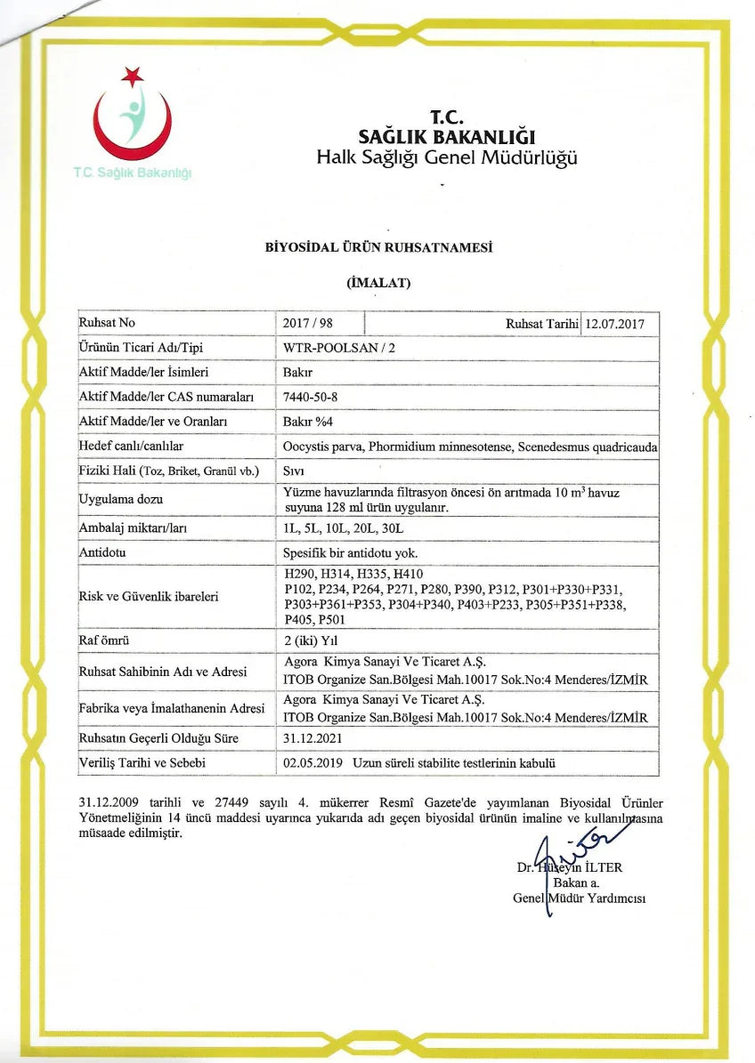 Biocidal product manufacturing license certificate for WTR-POOLSAN with copper 4% for swimming pool use, Turkey