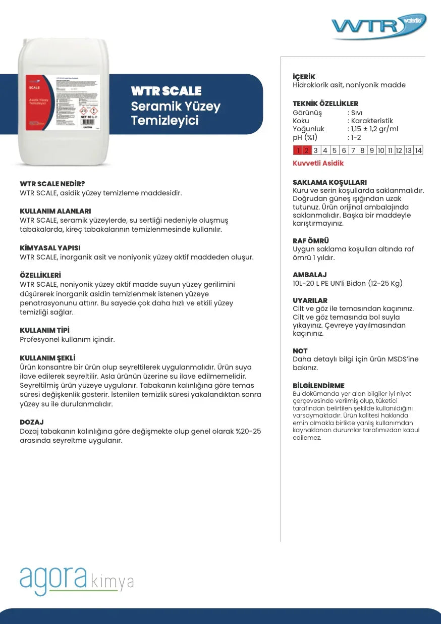 WTR SCALE ceramic surface cleaner with hydrochloric acid, nonionic agent, technical and usage details