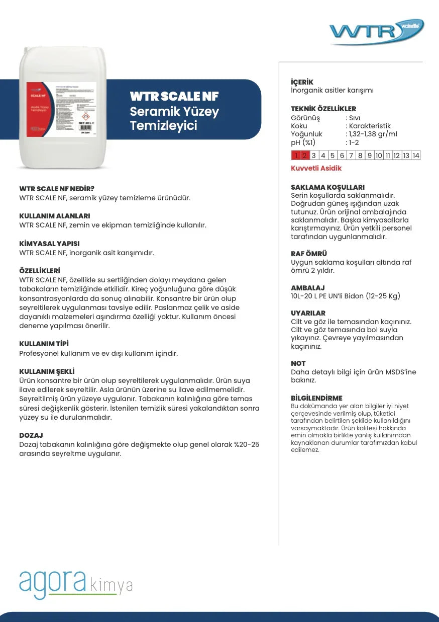 WTR SCALE NF ceramic surface cleaner product label with usage, properties, and safety instructions in Turkish